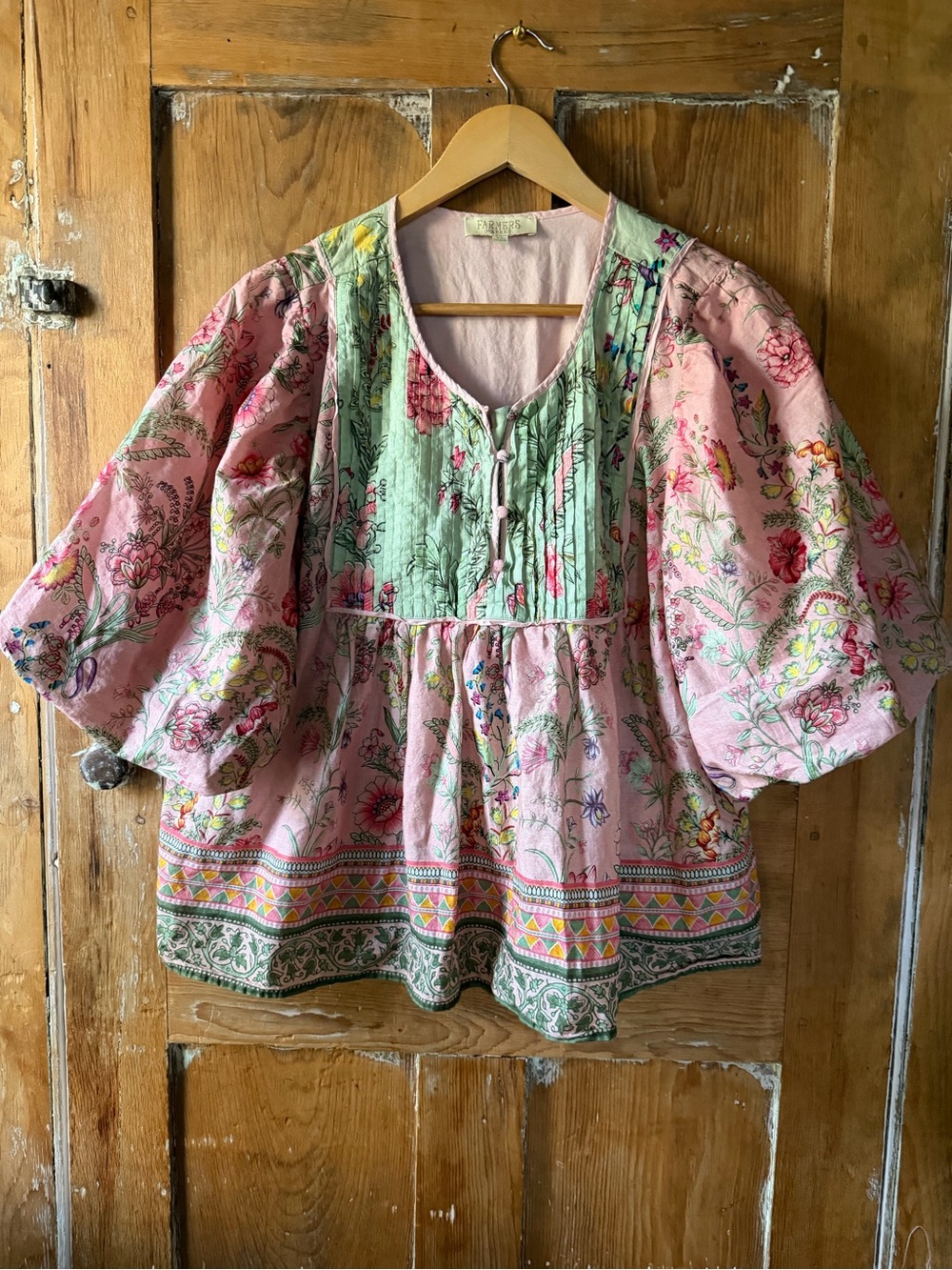 Floral Pintuck Peasant Blouse in Pink and Sage - Picture 2 of 5